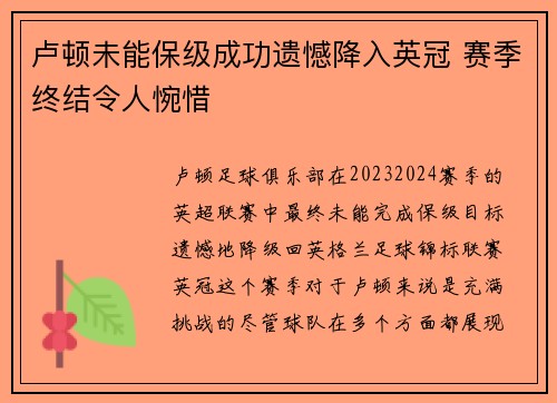 卢顿未能保级成功遗憾降入英冠 赛季终结令人惋惜
