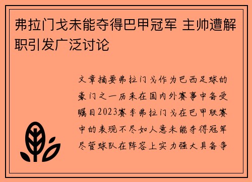 弗拉门戈未能夺得巴甲冠军 主帅遭解职引发广泛讨论 弗拉门戈未能夺得巴甲冠军 主帅遭解职引发广泛讨论