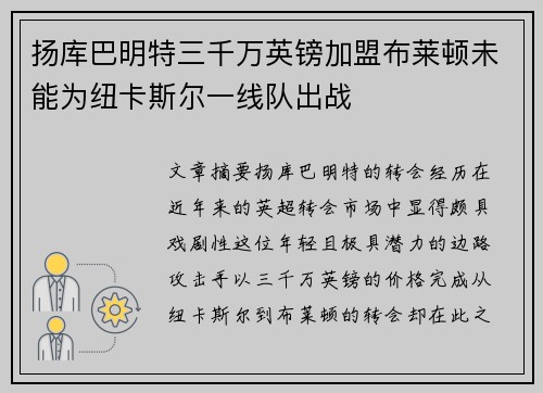 扬库巴明特三千万英镑加盟布莱顿未能为纽卡斯尔一线队出战